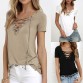 Lace Up T Shirt Women Sexy V Neck 