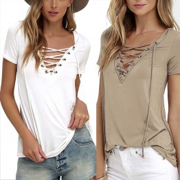 Lace Up T Shirt Women Sexy V Neck 