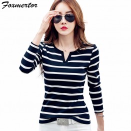  Cotton Female T Shirts V-Neck Solid Striped 
