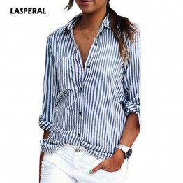 Women Striped Long Sleeve Shirt Turn-Down Collar Loose Sexy Tee 
