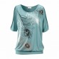Slit Sleeve Cold Shoulder Feather Print Women T Shirt32776915426