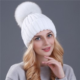 Mink and fox fur ball cap pom pom winter hat for women 